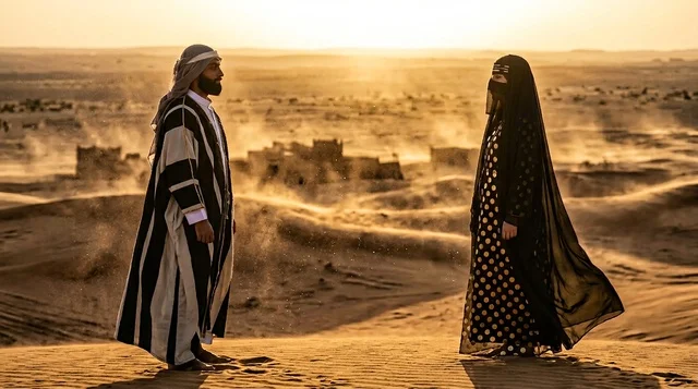 رجل وامرأة سعوديان بالزي التقليدي في الصحراء عند الغروب