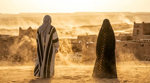 رجل وامرأة إماراتيان بالزي التقليدي في قرية تراثية