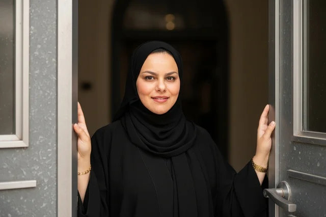 امرأة إماراتية بالعباءة السوداء عند مدخل المنزل