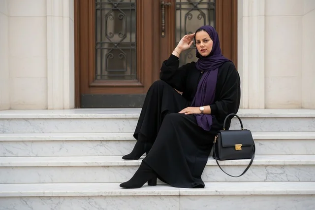امرأة إماراتية بعباءة سوداء تجلس على درج رخامي أبيض