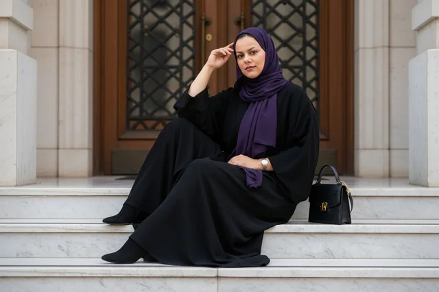 Arab Woman in Black Abaya Sitting on Marble Steps