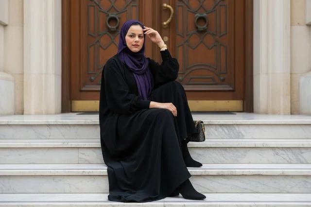 امرأة عربية بعباءة سوداء تجلس على درج رخامي خارجي