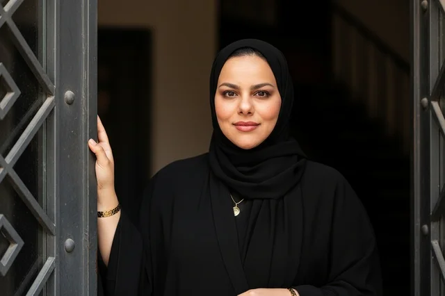 امرأة إماراتية بالعباءة السوداء التقليدية عند الباب