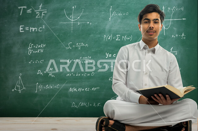 صورة لطالب دراسي عربي خليجي سعودي يرتدي الثوب السعودي التقليدي ، يمسك بيده كتاب جامعي للدراسة ، تأدية الواجبات ، التعلم الذاتي , الجد والإجتهاد , التعليم الأكاديمي , مرحلة دراسية , العودة إلى المدارس ,لوح سبورة خضراء تعليمية بالخلفية . 