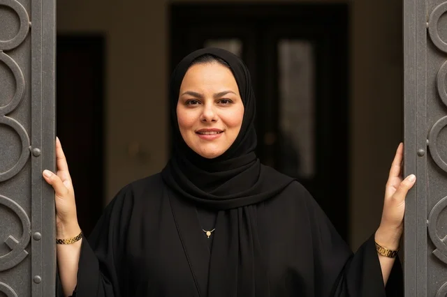 امرأة عربية بالعباءة السوداء تقف عند مدخل الباب