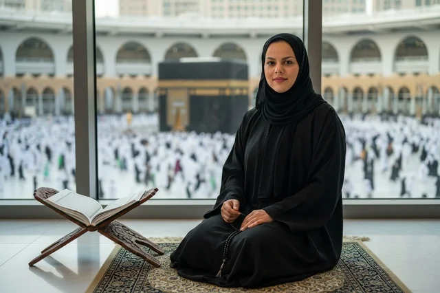 امرأة سعودية مع المصحف أمام الكعبة في مكة