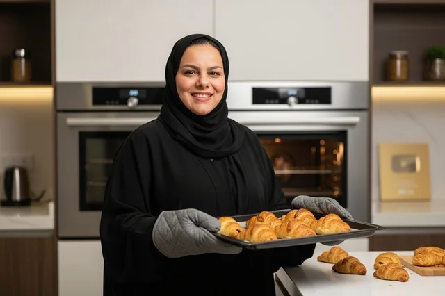 امرأة إماراتية تخبز الكرواسان الطازج في مطبخ حديث