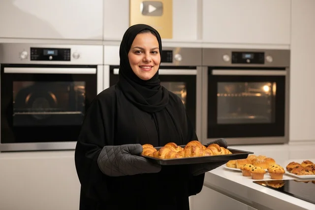 Emirati Woman in Abaya Holding Baked Croissants