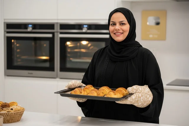 امرأة إماراتية تحمل الكرواسان الطازج في المطبخ