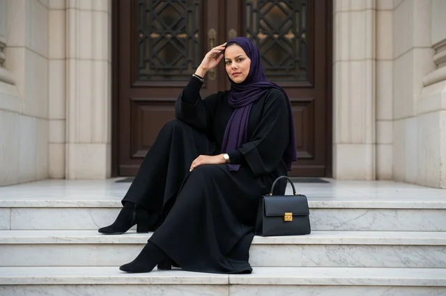 Emirati Woman in Black Abaya on Marble Steps