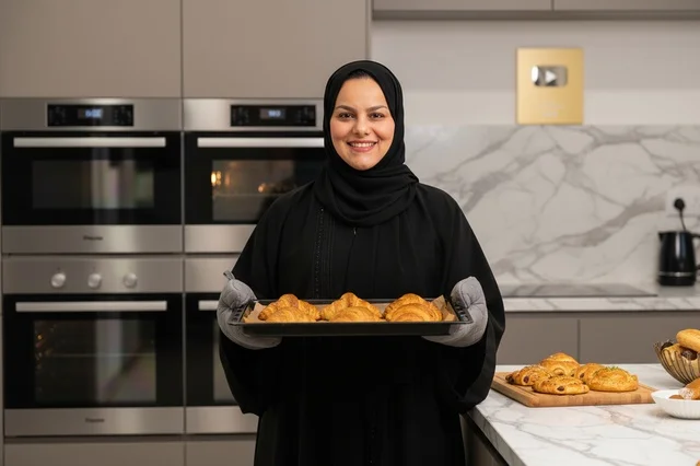 امرأة إماراتية تحمل كرواسان طازج في مطبخ حديث
