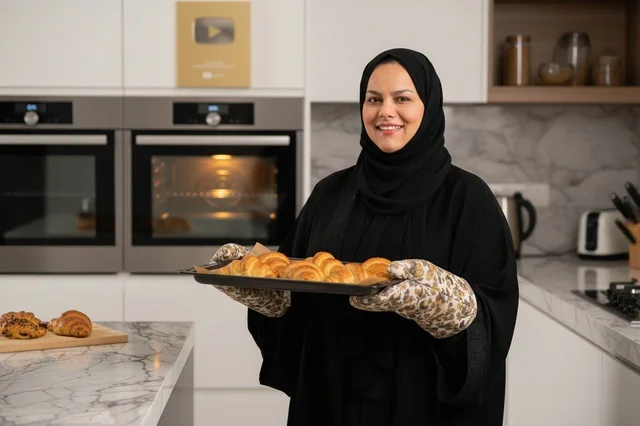 امرأة إماراتية تخبز الكرواسان في مطبخ حديث