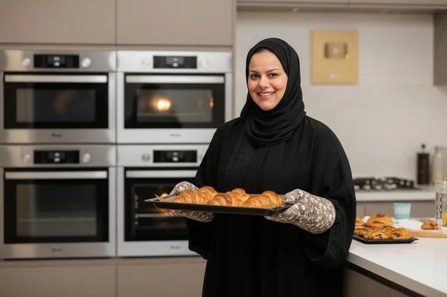Emirati Woman Holding Tray of Fresh Croissants in Kitchen