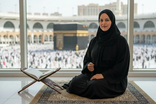 امرأة سعودية تصلي في مكة المكرمة مطلة على الكعبة