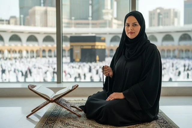 Muslim Woman Praying with Kaaba View in Mecca