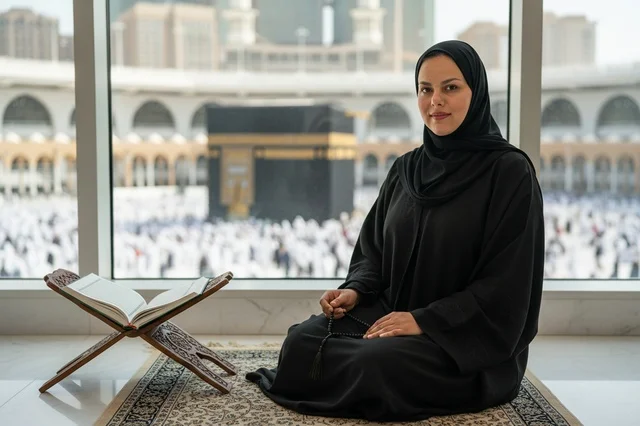 Muslim Woman in Makkah Overlooking the Holy Kaaba