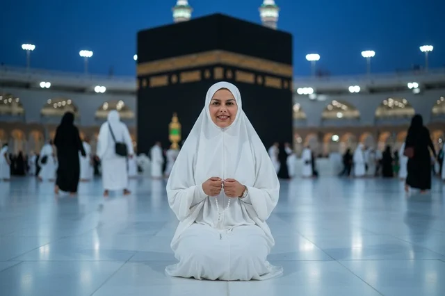 Muslim Woman Praying at Kaaba in Mecca Grand Mosque