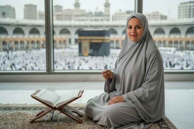 امرأة مسلمة تصلي مع إطلالة على الكعبة في مكة