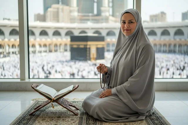 امرأة مسلمة تصلي أمام الكعبة المشرفة في مكة