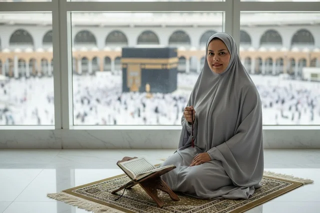 Muslim Woman Praying with Kaaba View in Mecca