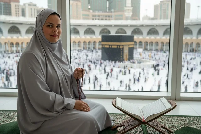 امرأة مسلمة تصلي أمام الكعبة في المسجد الحرام بمكة
