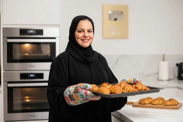 Emirati Woman Holding Fresh Croissants in Modern Kitchen