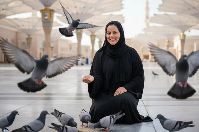 Saudi Woman Feeding Pigeons at Al-Masjid an-Nabawi Medina