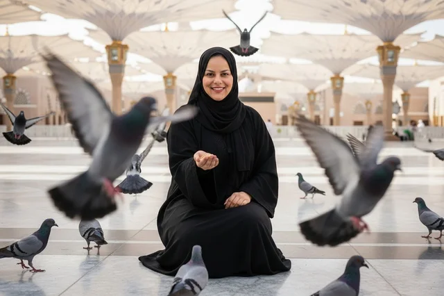 Saudi Woman with Pigeons at Medina Prophet Mosque
