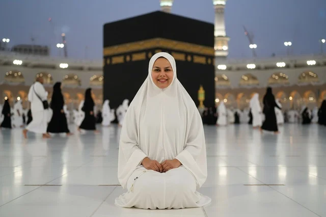 Muslim Woman in White Prayer Dress at Kaaba Makkah Muslim Woman in White Prayer Dress at Kaaba Makkah