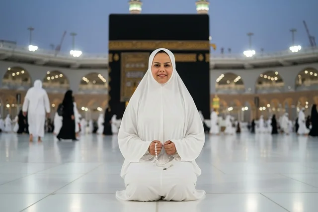 امرأة سعودية تصلي أمام الكعبة المشرفة بمكة