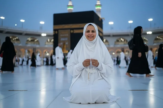 امرأة سعودية بملابس الصلاة أمام الكعبة في مكة