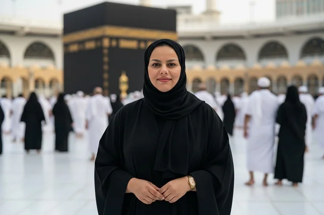 Saudi Woman in Abaya at Kaaba Mecca Saudi Arabia