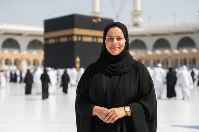 Saudi Woman in Abaya at Kaaba Mecca Masjid Al-Haram
