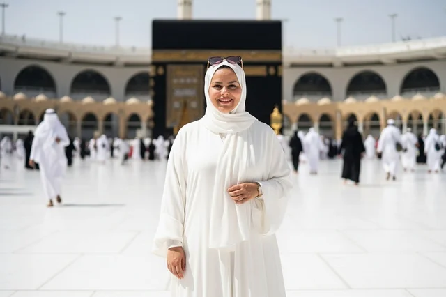Arab Woman in White Abaya at Makkah Kaaba