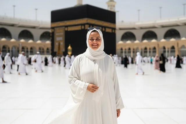 Muslim Woman in White Abaya at Kaaba Makkah