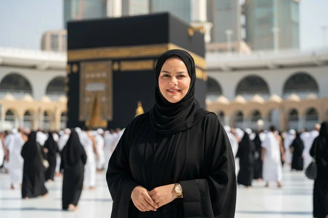 امرأة سعودية بالعباءة أمام الكعبة في مكة