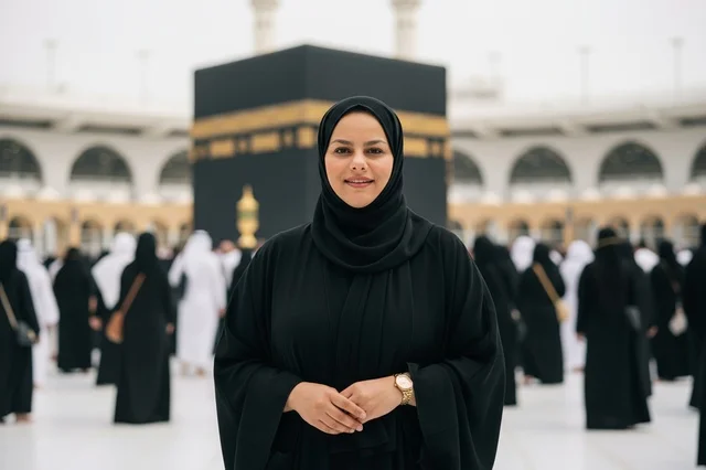 امرأة سعودية بالعباءة في المسجد الحرام بمكة