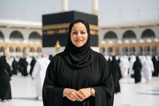 امرأة سعودية بالعباءة أمام الكعبة المشرفة في مكة