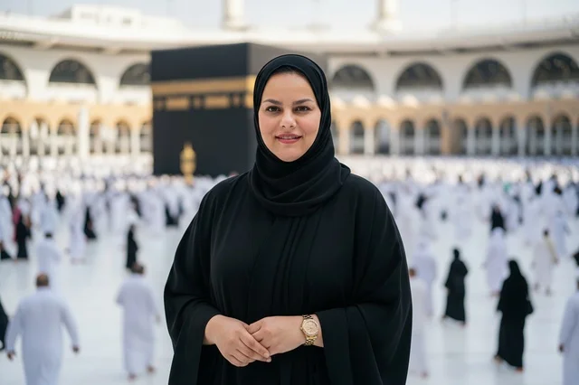 امرأة سعودية بالعباءة السوداء أمام الكعبة في مكة