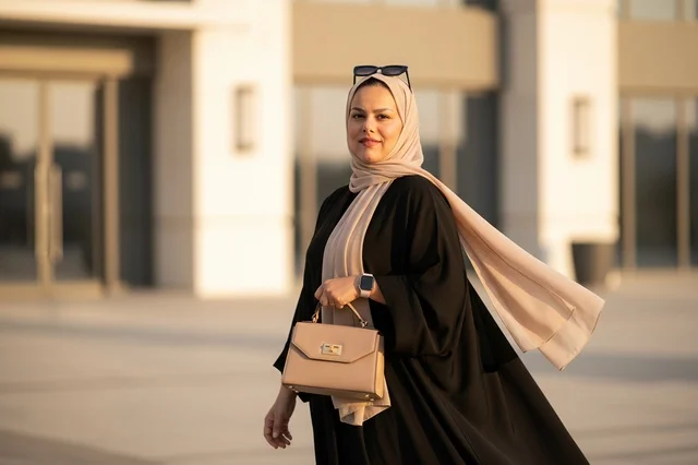 Emirati Woman in Black Abaya and Hijab Outdoors