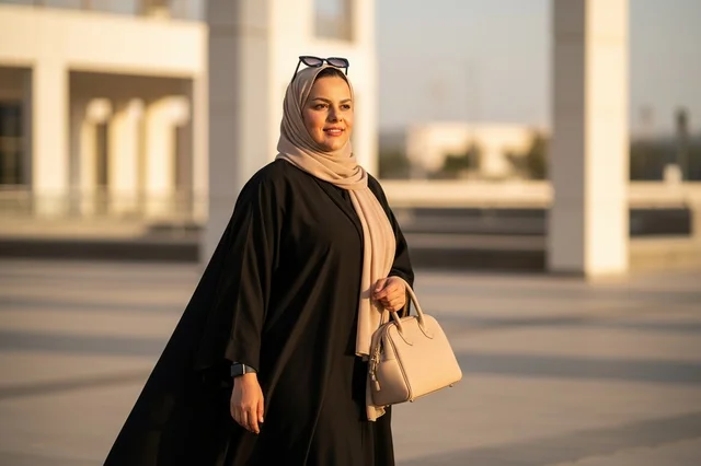 امرأة إماراتية بالعباءة السوداء وقت الغروب