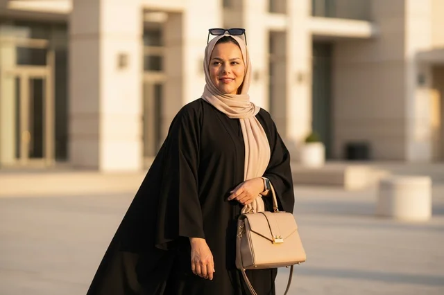 Emirati Woman in Black Abaya Outdoors at Golden Hour