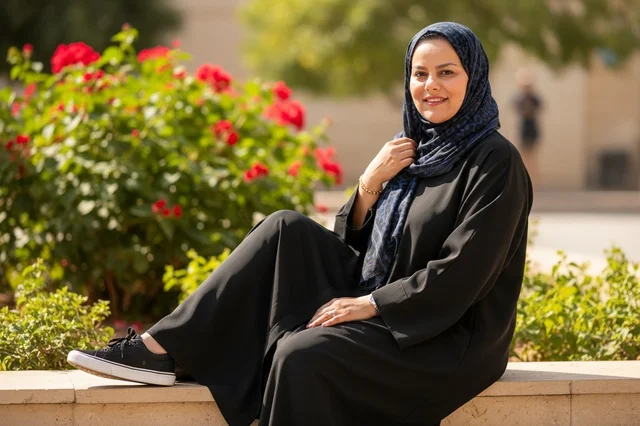 امرأة سعودية بالعباءة السوداء تجلس في حديقة