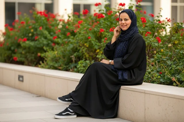Emirati Woman in Black Abaya Sitting in Garden