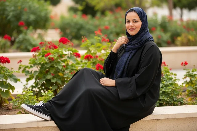 Young Saudi Woman in Black Abaya and Hijab in Park