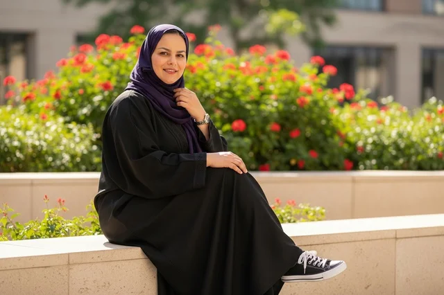 امرأة سعودية بعباءة سوداء تجلس في حديقة