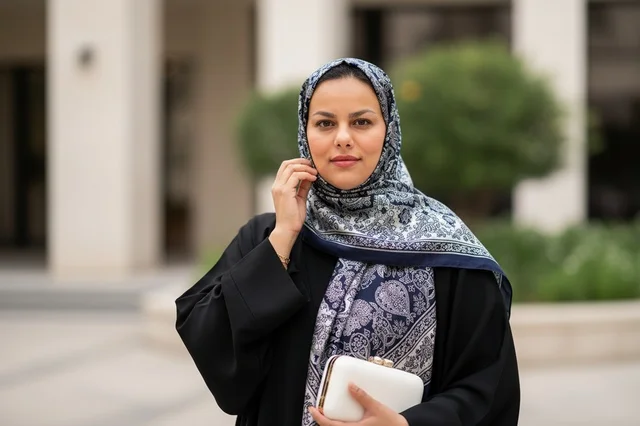 امرأة إماراتية بالعباءة والحجاب المزخرف في الخارج
