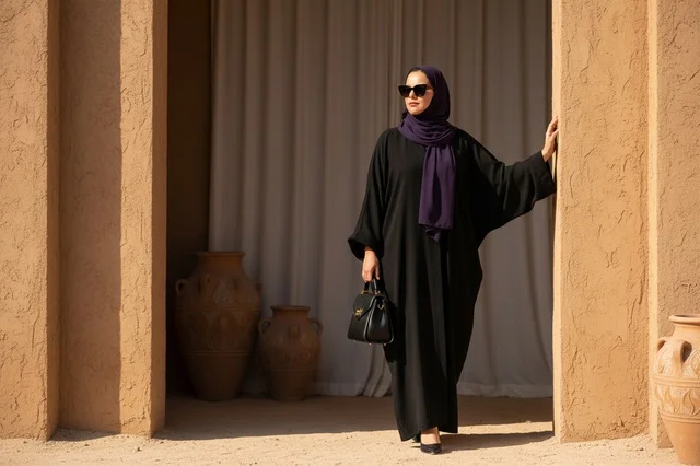 امرأة إماراتية بعباءة سوداء في موقع تراثي