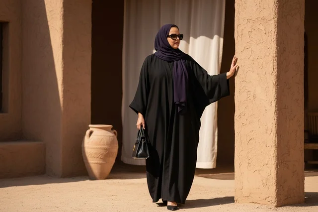 Emirati Woman in Black Abaya at Traditional Heritage Site