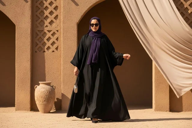 Emirati Woman in Black Abaya Walking in Heritage Village